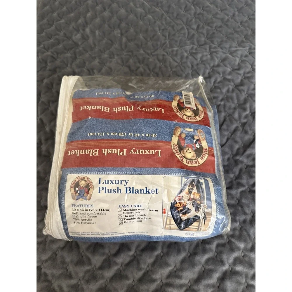 Blue Jean Teddy Bear Plush Fleece Baby Blanket Balloons Boy Girl 45X30 NIB